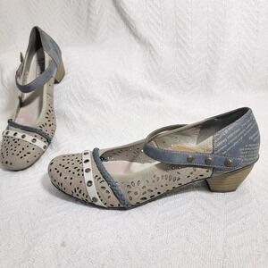 Rieker Mariah Low Heel Mary Jane Cutout Beige Navy Studded Sz 40‎ 9 Lightweight